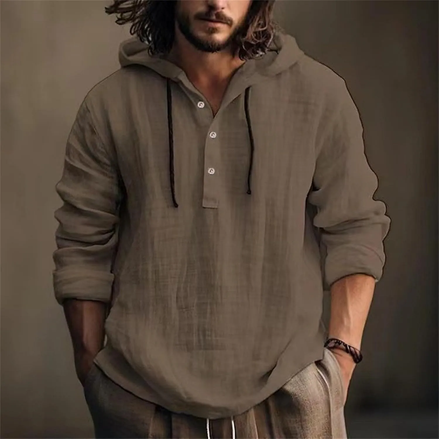 Linen Shirts for Men Lightweight Button Up Long Sleeve Shirts with Hood Loose Fit Breathable Boho Beach Linen Hoodie