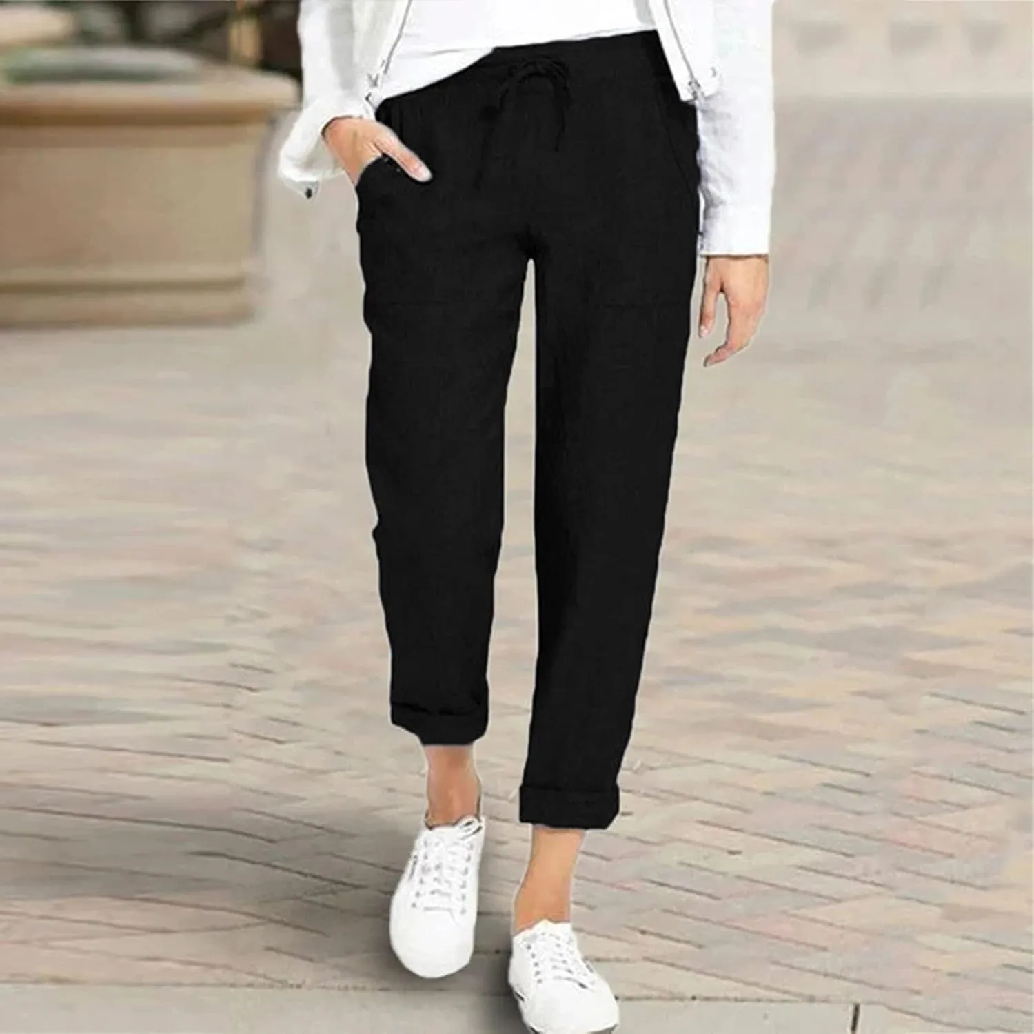 Linen Straight Leg Pants for Women Loose Elastic Waist Lounge Trousers with Pockets Summer Beach Travel Vacation