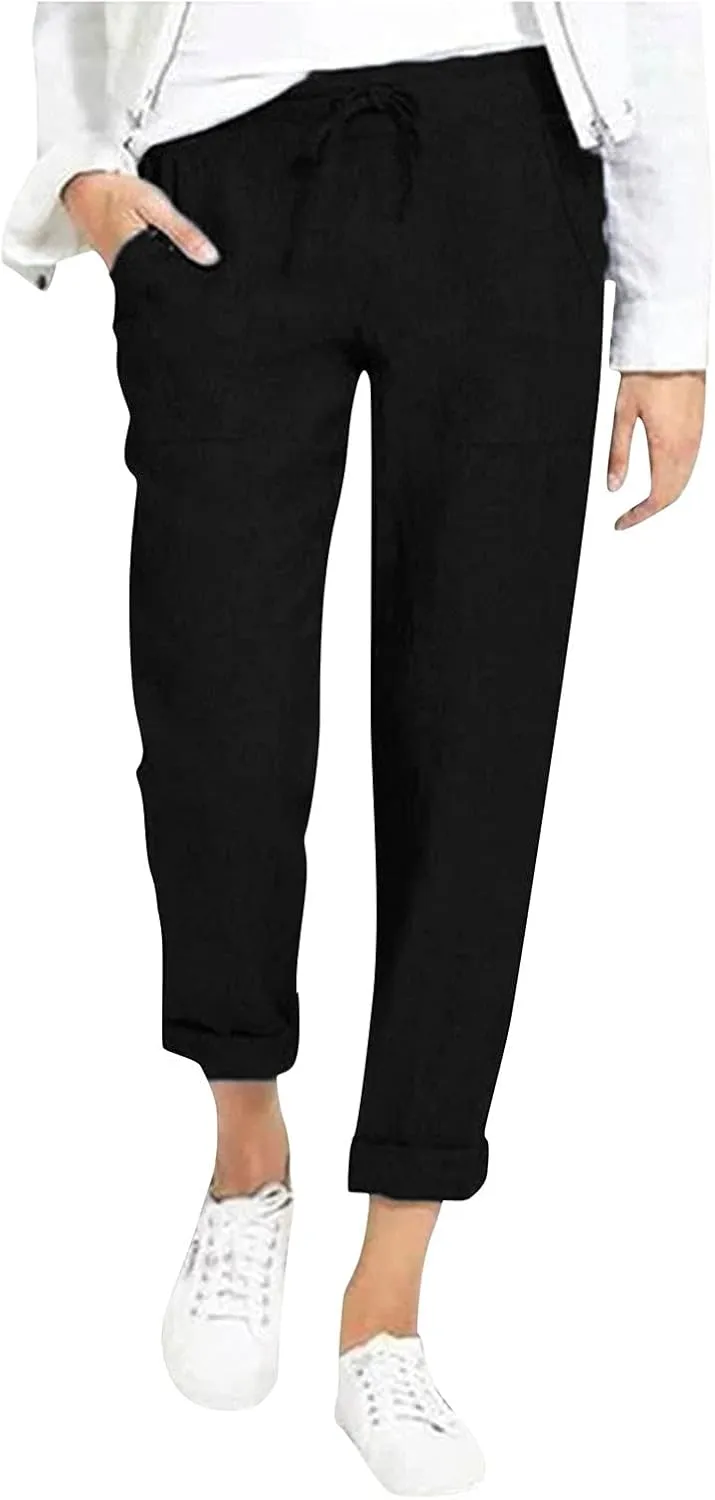 Linen Straight Leg Pants for Women Loose Elastic Waist Lounge Trousers with Pockets Summer Beach Travel Vacation