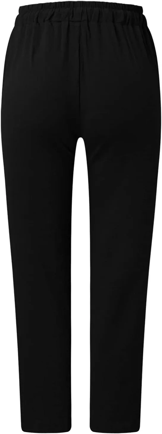 Linen Straight Leg Pants for Women Loose Elastic Waist Lounge Trousers with Pockets Summer Beach Travel Vacation