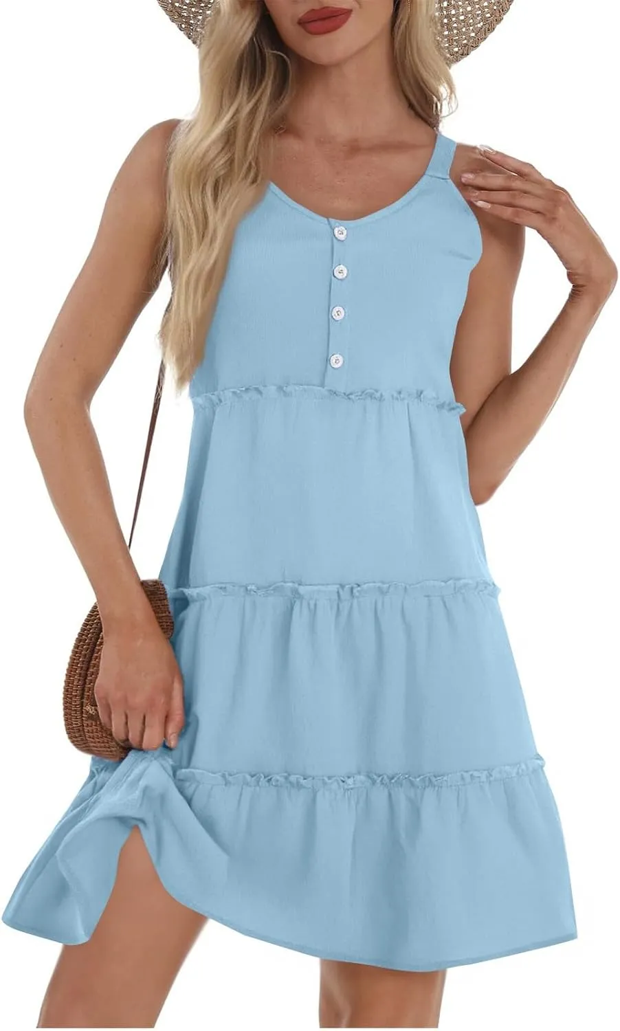 Linen Sundresses for Women 2025 Sleeveless Tiered Short Dresses Summer Vacation Outfits Cute Casual Sun Dresses