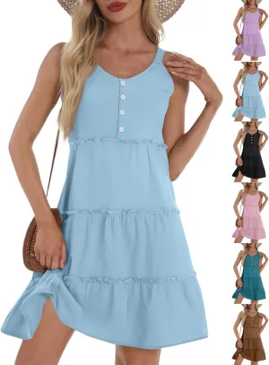 Linen Sundresses for Women 2025 Sleeveless Tiered Short Dresses Summer Vacation Outfits Cute Casual Sun Dresses