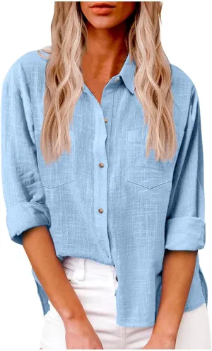 Linen Tops for Women Cotton Linen Button Down Shirt Casual Lightweight Long Sleeve Solid Colorloose Work Blouses