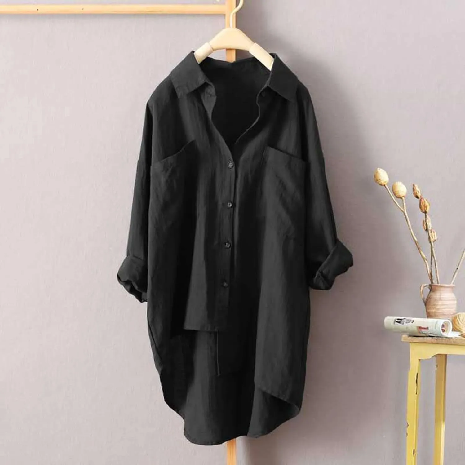Linen Tops for Women Long Sleeve Summer Shirt Color Sleeve Collar Casual Womens Shirt Button Down Cotton Tops