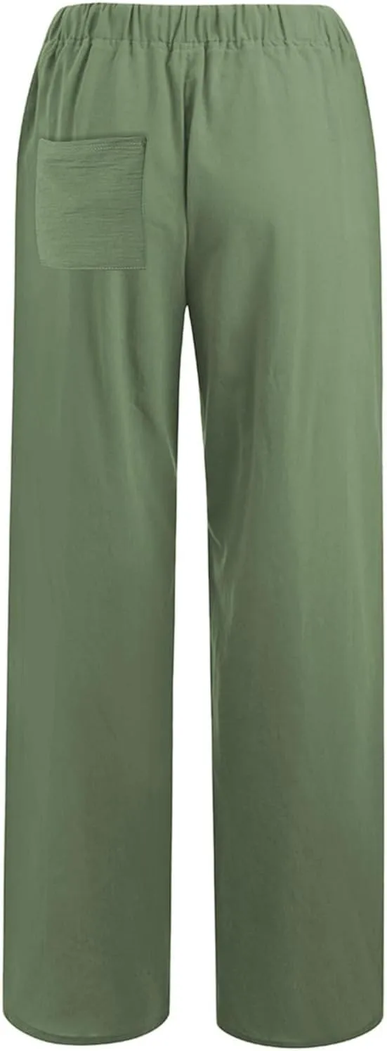 Linen Wide Leg Pants for Women Casual Elastic Waisted Palazzo Stretchy Summer Beach Travel Vacation Lounge Trousers