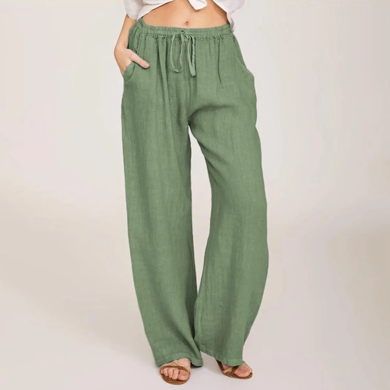 Linen Wide Leg Pants for Women Casual Elastic Waisted Palazzo Stretchy Summer Beach Travel Vacation Lounge Trousers