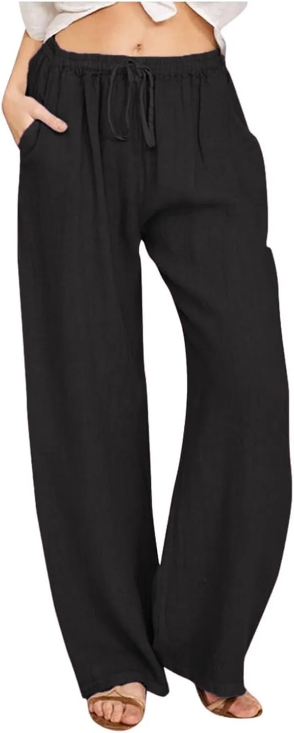 Linen Wide Leg Pants for Women Casual Elastic Waisted Palazzo Stretchy Summer Beach Travel Vacation Lounge Trousers