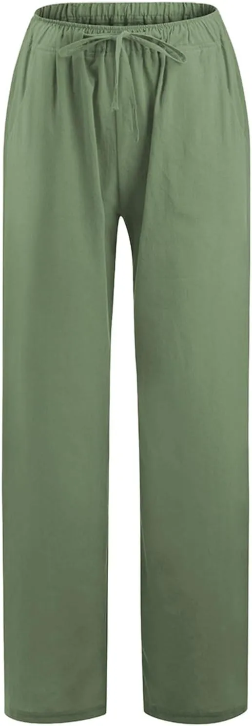 Linen Wide Leg Pants for Women Casual Elastic Waisted Palazzo Stretchy Summer Beach Travel Vacation Lounge Trousers