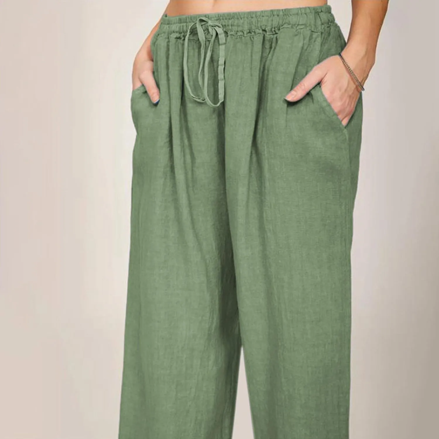 Linen Wide Leg Pants for Women Casual Elastic Waisted Palazzo Stretchy Summer Beach Travel Vacation Lounge Trousers