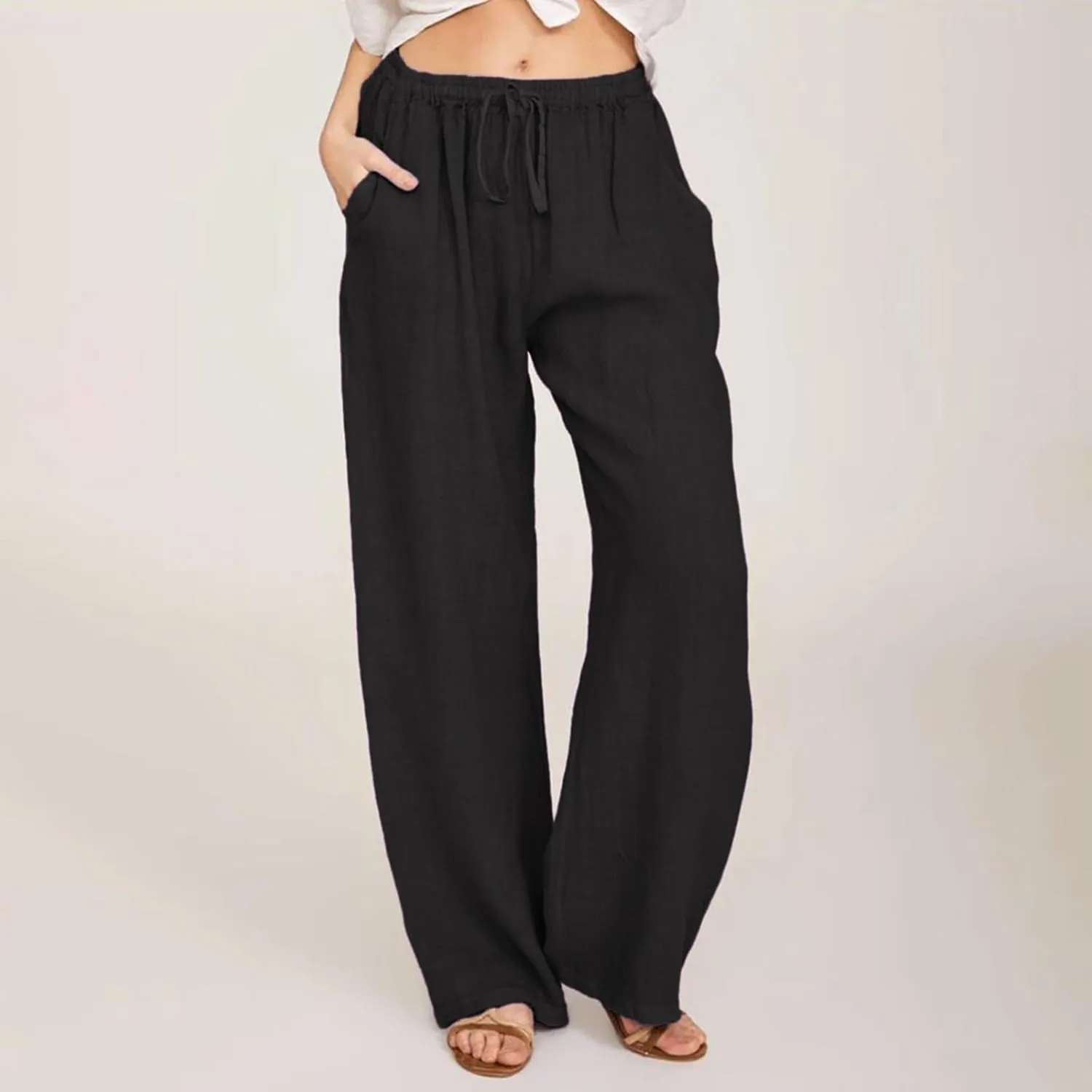 Linen Wide Leg Pants for Women Casual Elastic Waisted Palazzo Stretchy Summer Beach Travel Vacation Lounge Trousers
