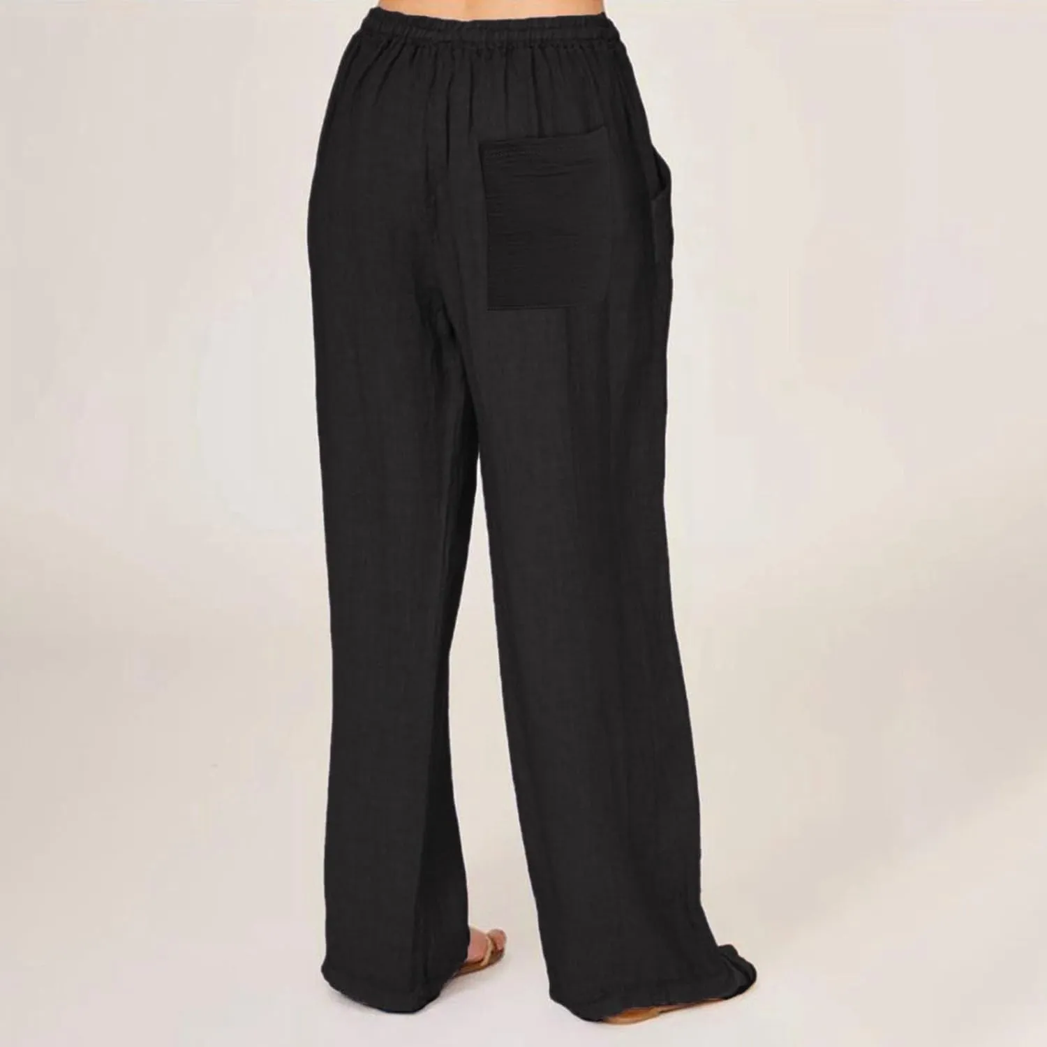 Linen Wide Leg Pants for Women Casual Elastic Waisted Palazzo Stretchy Summer Beach Travel Vacation Lounge Trousers
