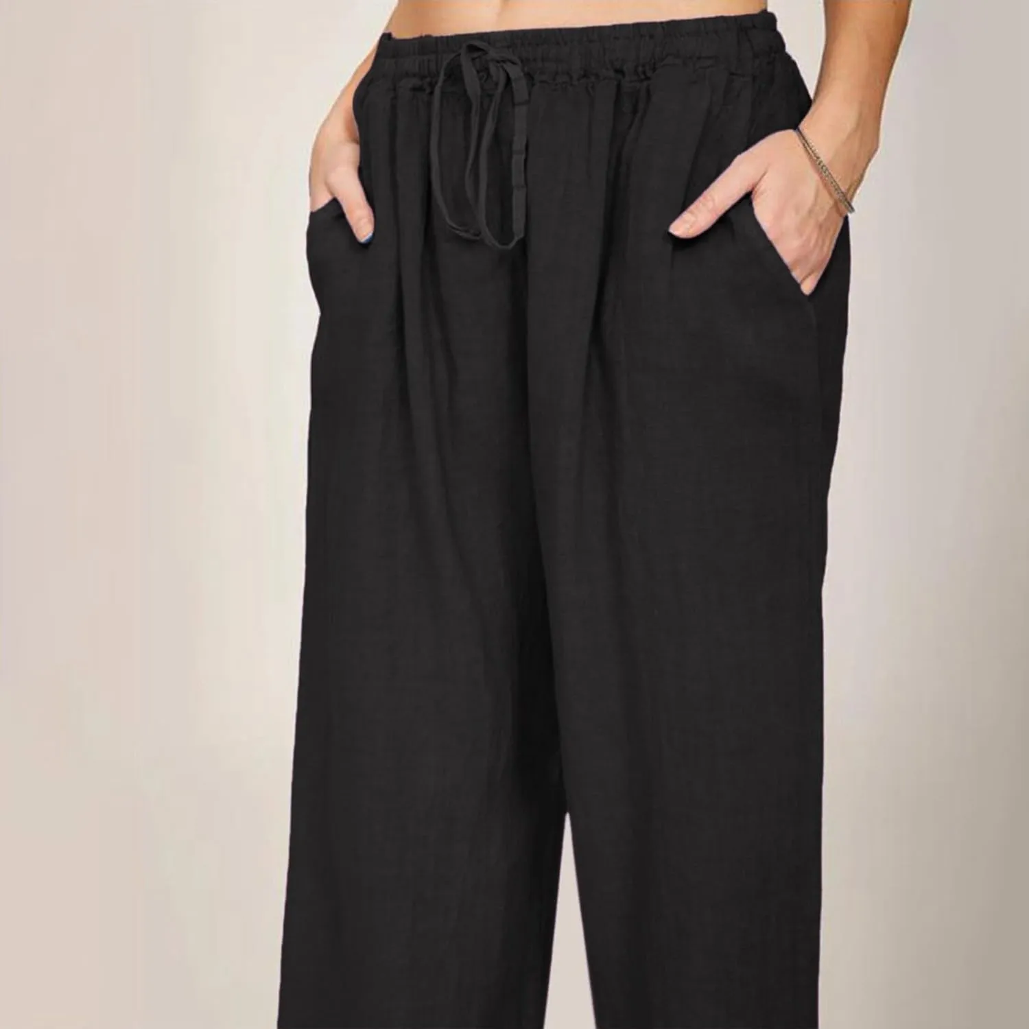 Linen Wide Leg Pants for Women Casual Elastic Waisted Palazzo Stretchy Summer Beach Travel Vacation Lounge Trousers