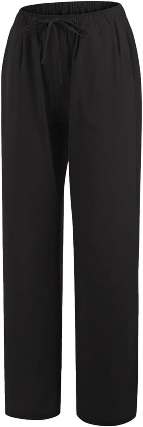 Linen Wide Leg Pants for Women Casual Elastic Waisted Palazzo Stretchy Summer Beach Travel Vacation Lounge Trousers