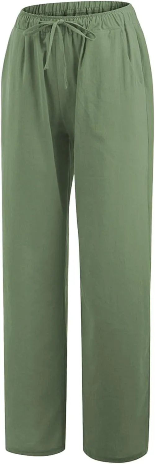 Linen Wide Leg Pants for Women Casual Elastic Waisted Palazzo Stretchy Summer Beach Travel Vacation Lounge Trousers