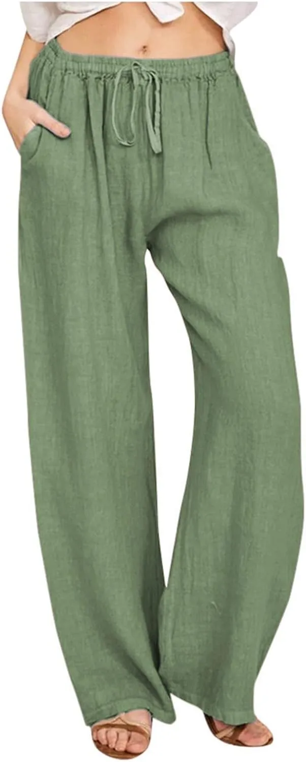 Linen Wide Leg Pants for Women Casual Elastic Waisted Palazzo Stretchy Summer Beach Travel Vacation Lounge Trousers