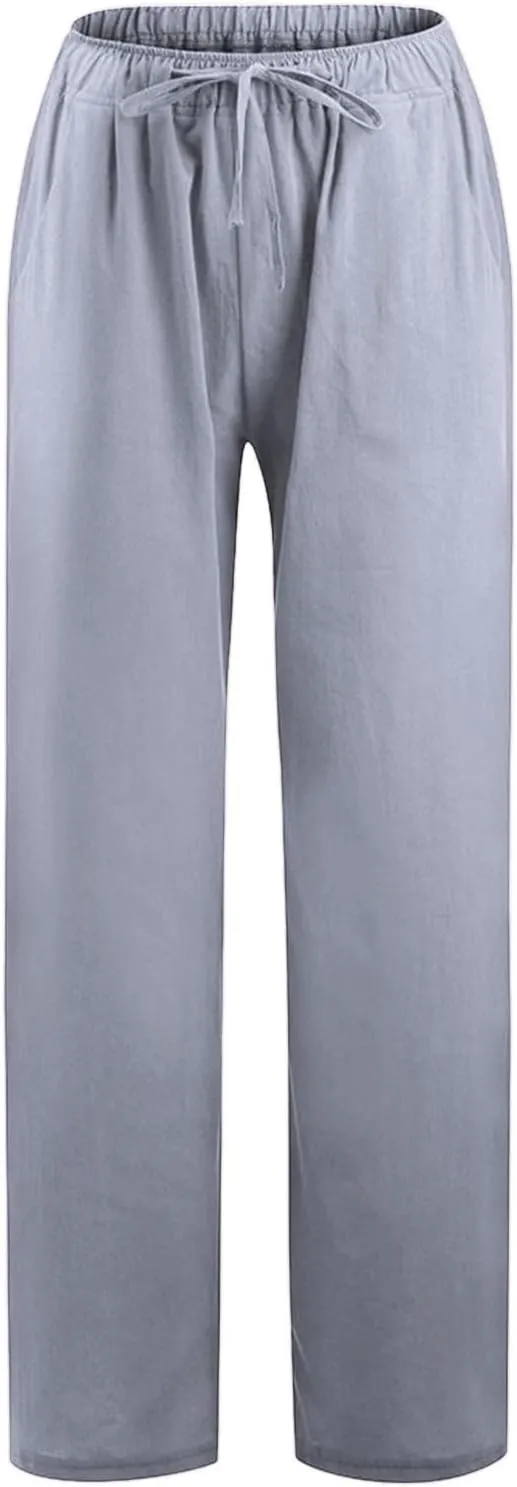Linen Wide Leg Pants for Women Casual Elastic Waisted Palazzo Stretchy Summer Beach Travel Vacation Lounge Trousers