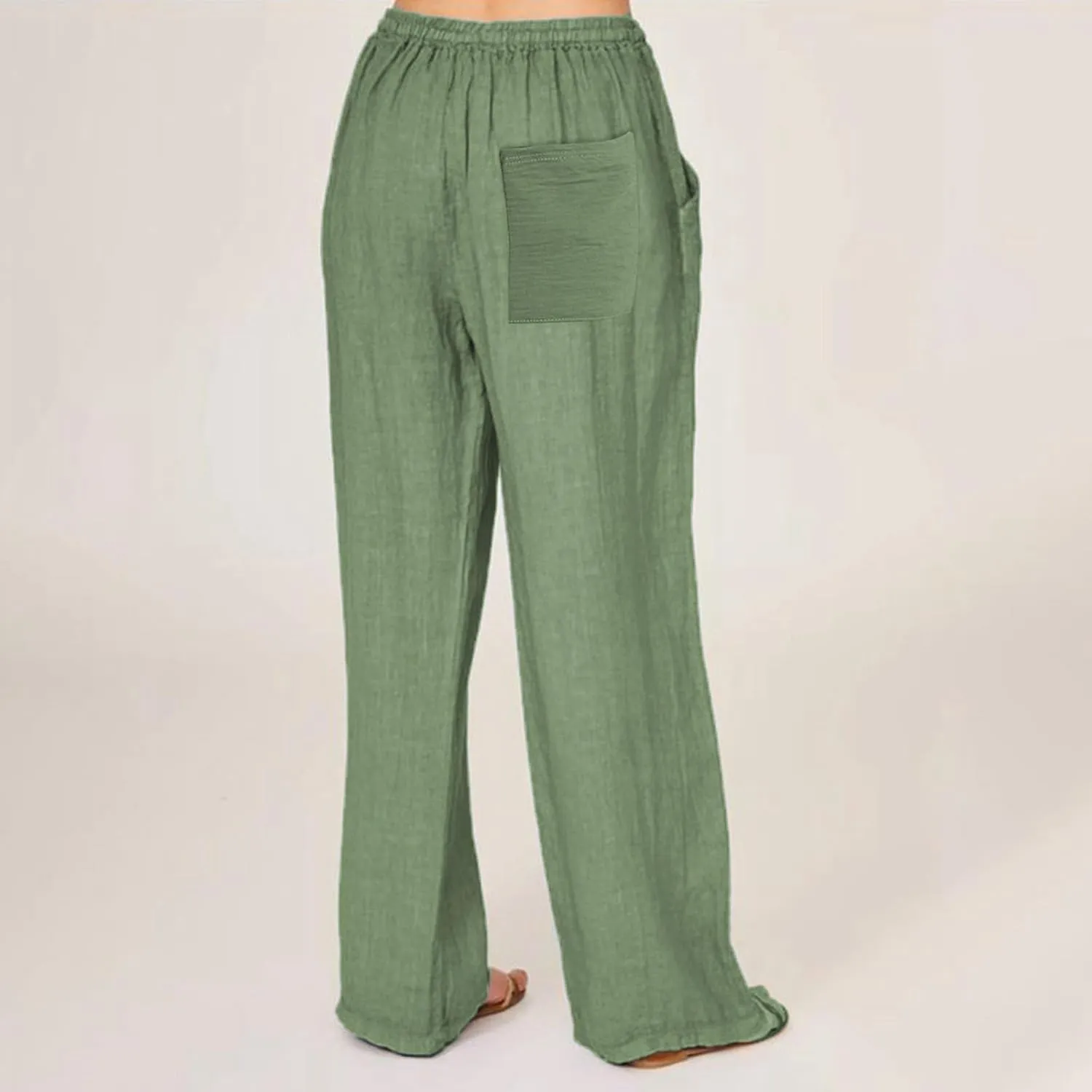 Linen Wide Leg Pants for Women Casual Elastic Waisted Palazzo Stretchy Summer Beach Travel Vacation Lounge Trousers