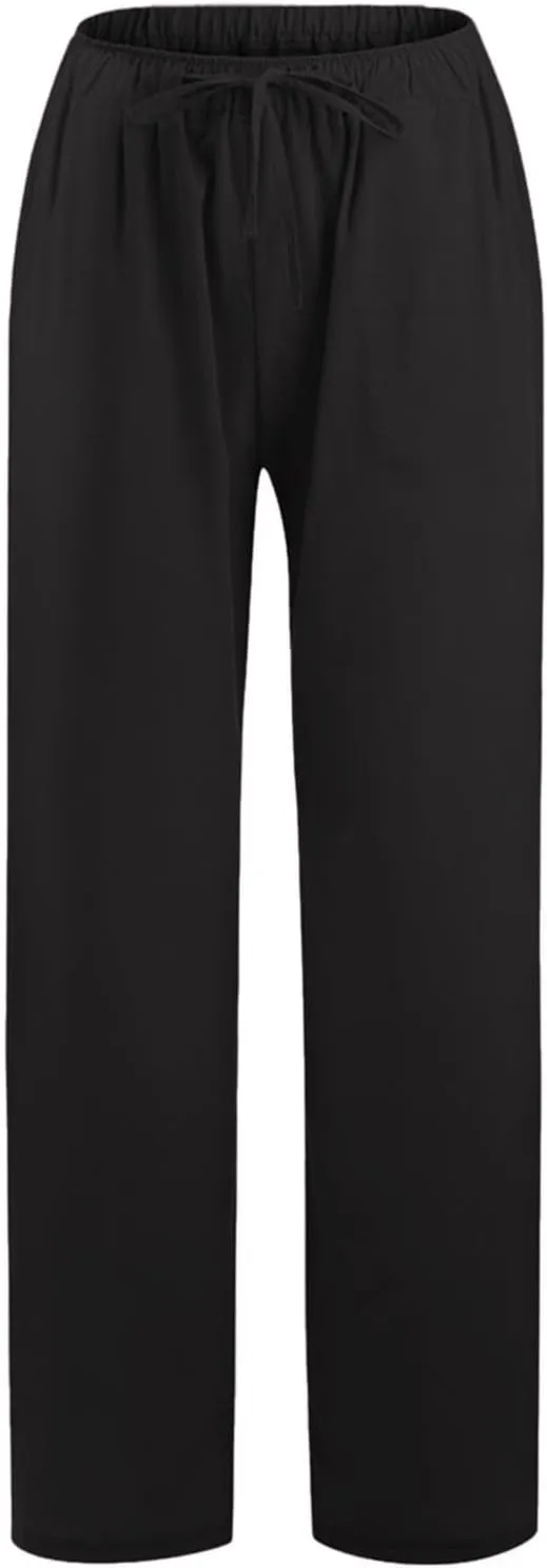 Linen Wide Leg Pants for Women Casual Elastic Waisted Palazzo Stretchy Summer Beach Travel Vacation Lounge Trousers