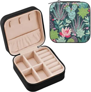 linqin PU Leather Jewelry Box, Succulents Cactus Travel Jewelry Case Portable Jewelry Organizer for Rings Earrings Necklaces Bracelets Storage Holder Boxes for Women Girls