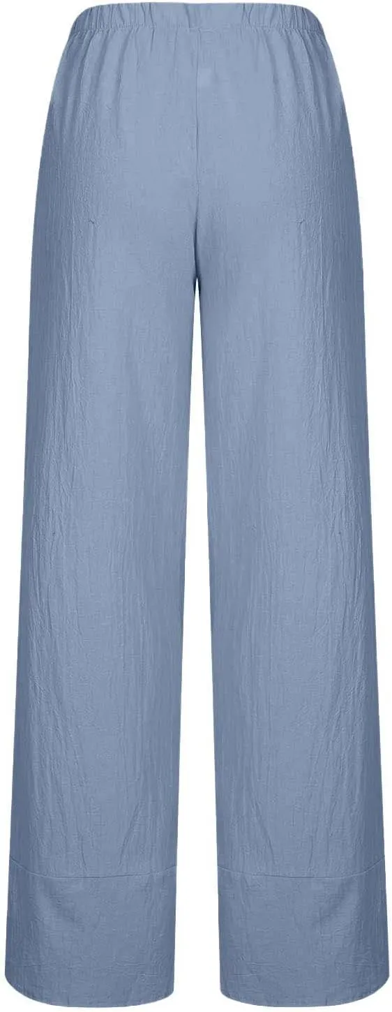 LIUguoo 2024 Summer Pants for Women Casual Pockets Cotton Linen Wide Leg Drawstring Elastic Waist Capris Crop Pants Slacks