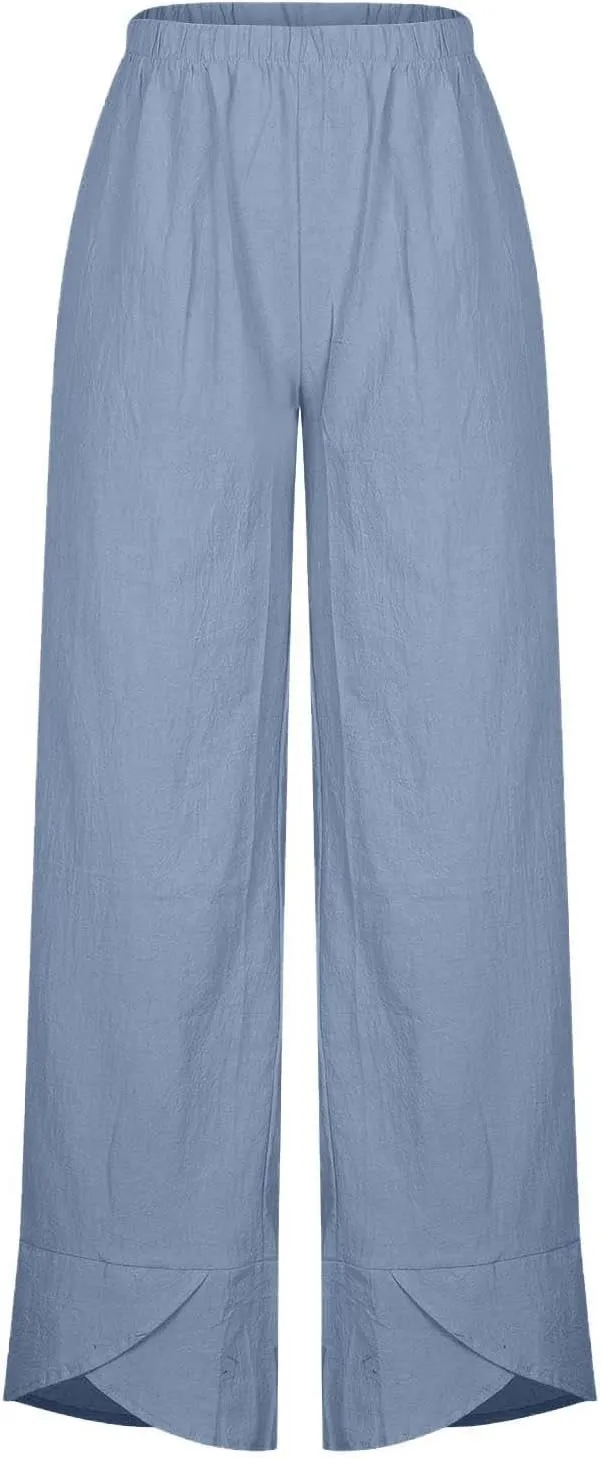 LIUguoo 2024 Summer Pants for Women Casual Pockets Cotton Linen Wide Leg Drawstring Elastic Waist Capris Crop Pants Slacks
