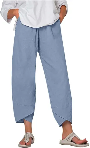 LIUguoo 2024 Summer Pants for Women Casual Pockets Cotton Linen Wide Leg Drawstring Elastic Waist Capris Crop Pants Slacks