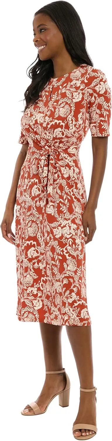 London Times Women's Midi A-line Elbow Sleeves-Fitted Waist Gathering Detail-Elegant Wedding Guest Dress