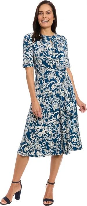 London Times Women's Midi A-line Elbow Sleeves-Fitted Waist Gathering Detail-Elegant Wedding Guest Dress