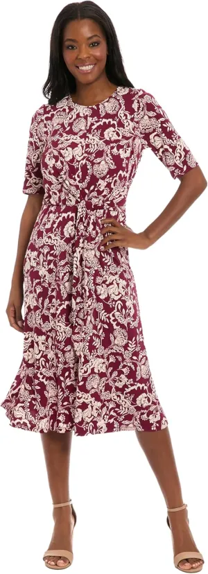 London Times Women's Midi A-line Elbow Sleeves-Fitted Waist Gathering Detail-Elegant Wedding Guest Dress