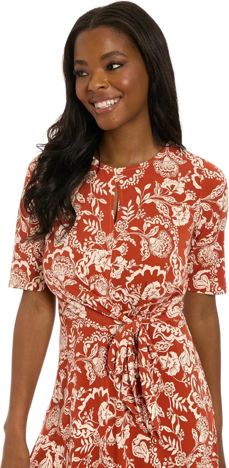 London Times Women's Midi A-line Elbow Sleeves-Fitted Waist Gathering Detail-Elegant Wedding Guest Dress