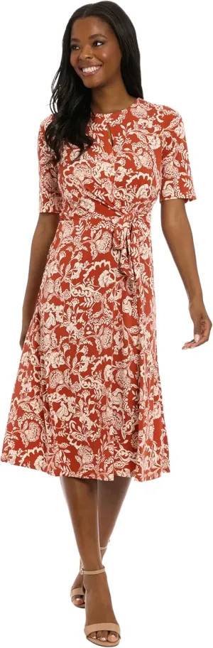 London Times Women's Midi A-line Elbow Sleeves-Fitted Waist Gathering Detail-Elegant Wedding Guest Dress