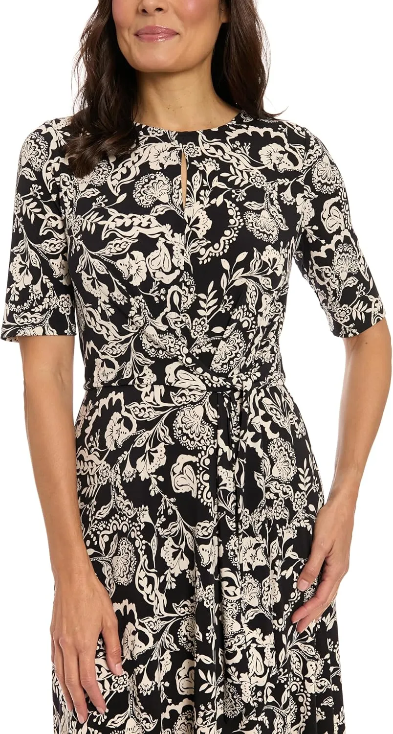 London Times Women's Midi A-line Elbow Sleeves-Fitted Waist Gathering Detail-Elegant Wedding Guest Dress