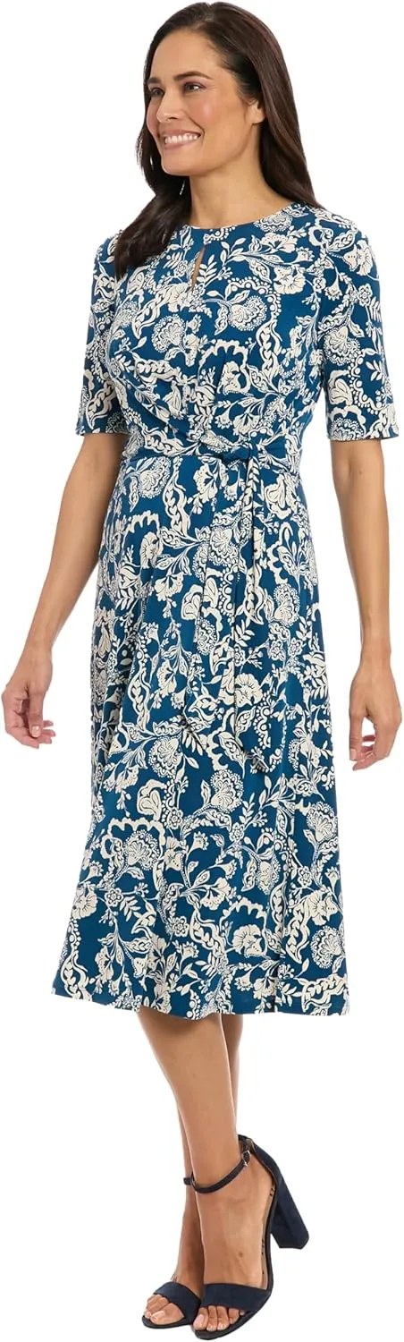 London Times Women's Midi A-line Elbow Sleeves-Fitted Waist Gathering Detail-Elegant Wedding Guest Dress