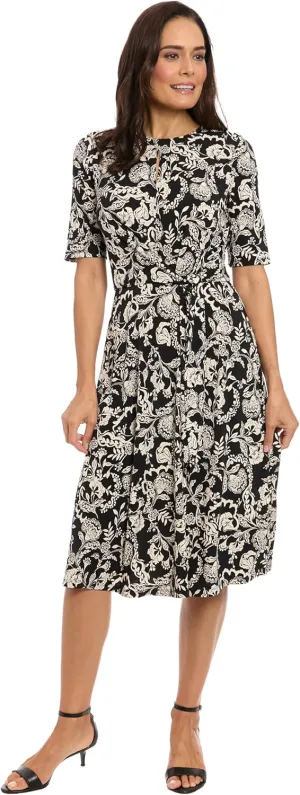 London Times Women's Midi A-line Elbow Sleeves-Fitted Waist Gathering Detail-Elegant Wedding Guest Dress