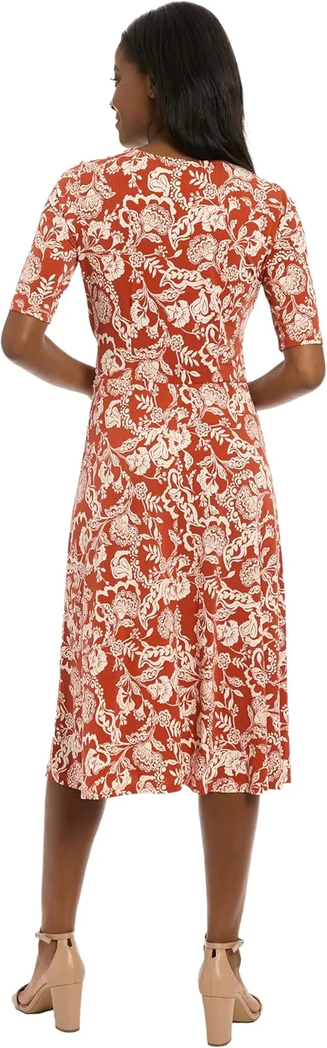 London Times Women's Midi A-line Elbow Sleeves-Fitted Waist Gathering Detail-Elegant Wedding Guest Dress