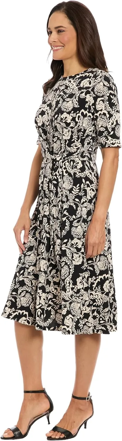 London Times Women's Midi A-line Elbow Sleeves-Fitted Waist Gathering Detail-Elegant Wedding Guest Dress