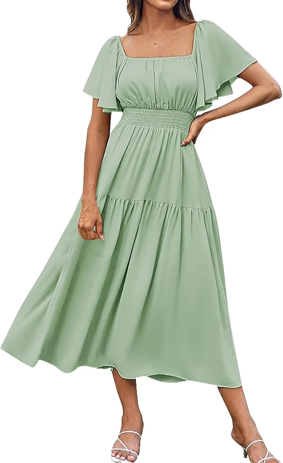 Long Dresses for Women Milkmaid Dress 2025 Trendy Short Sleeve Square Neck Smocked Waist Vacation Tiered Flowy Maxi Dress