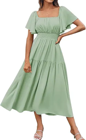 Long Dresses for Women Milkmaid Dress 2025 Trendy Short Sleeve Square Neck Smocked Waist Vacation Tiered Flowy Maxi Dress