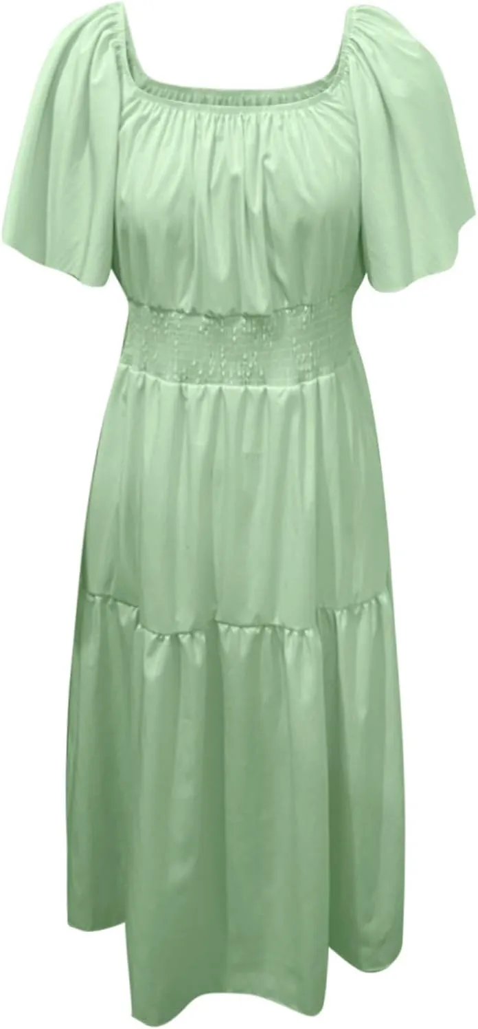 Long Dresses for Women Milkmaid Dress 2025 Trendy Short Sleeve Square Neck Smocked Waist Vacation Tiered Flowy Maxi Dress