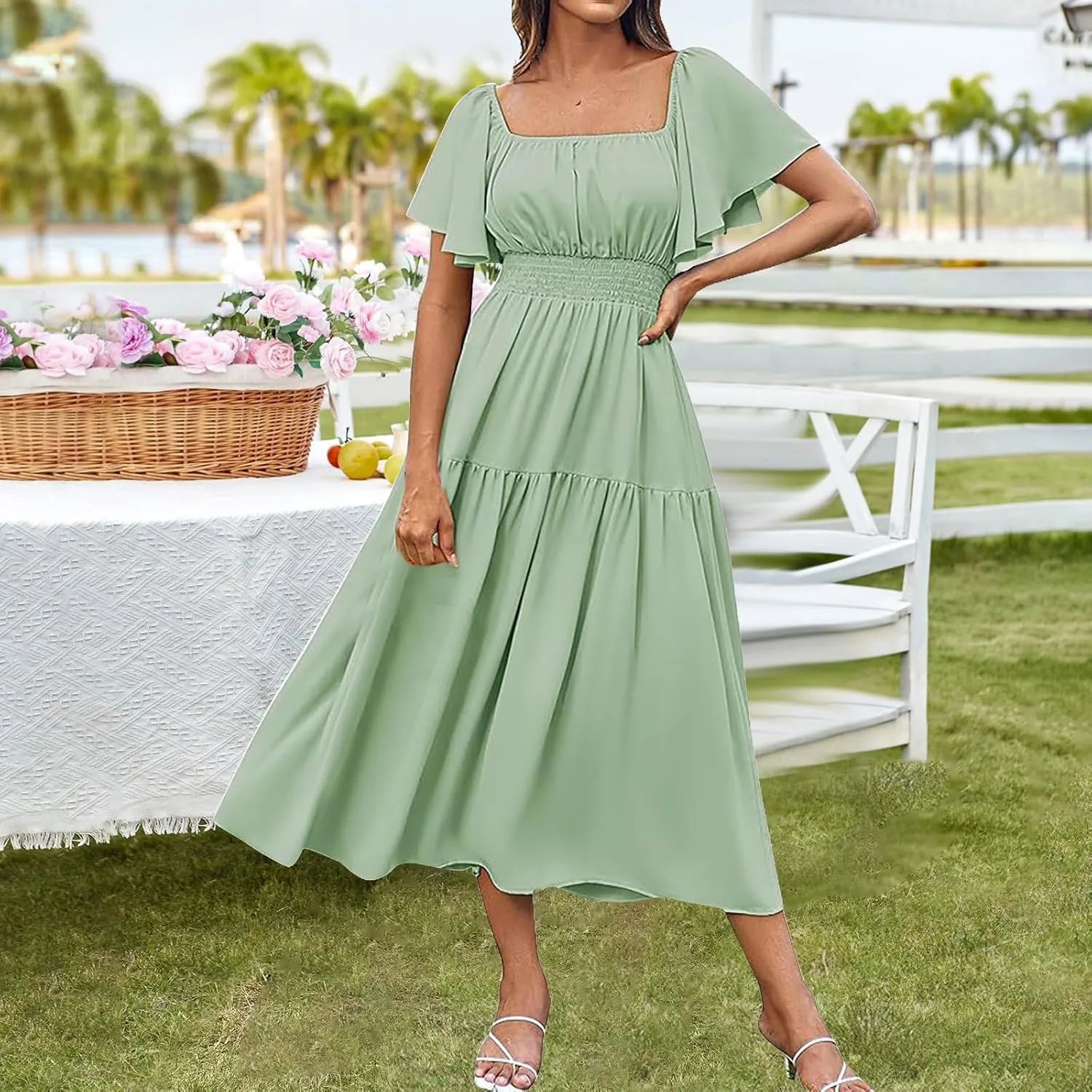 Long Dresses for Women Milkmaid Dress 2025 Trendy Short Sleeve Square Neck Smocked Waist Vacation Tiered Flowy Maxi Dress