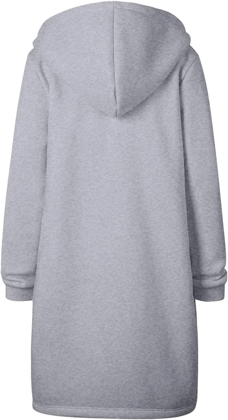 Long Jacket for Women Long Sleeve V Neck Full Zip Up Printed Trench Hooded Coat with Pocket Drawstring Trendy Casual Winter
