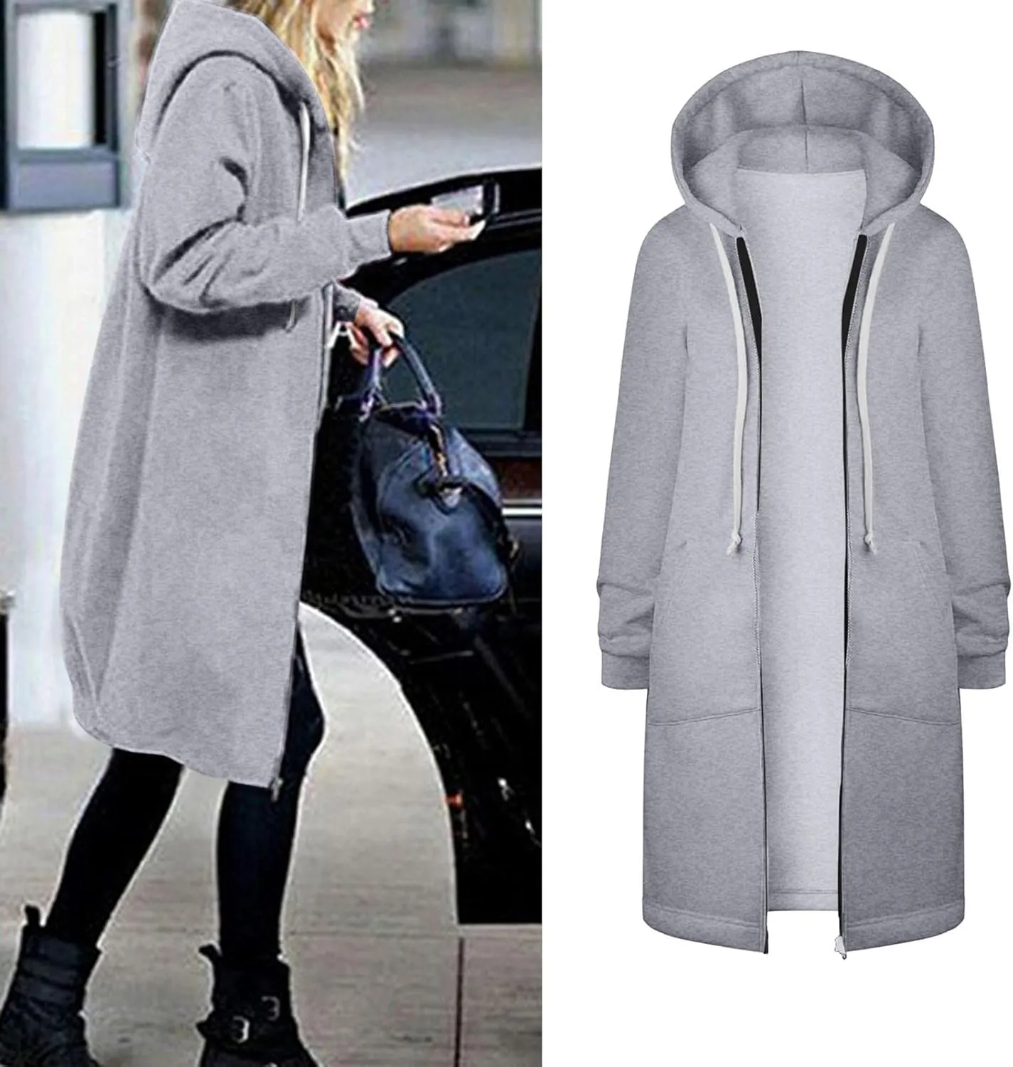 Long Jacket for Women Long Sleeve V Neck Full Zip Up Printed Trench Hooded Coat with Pocket Drawstring Trendy Casual Winter