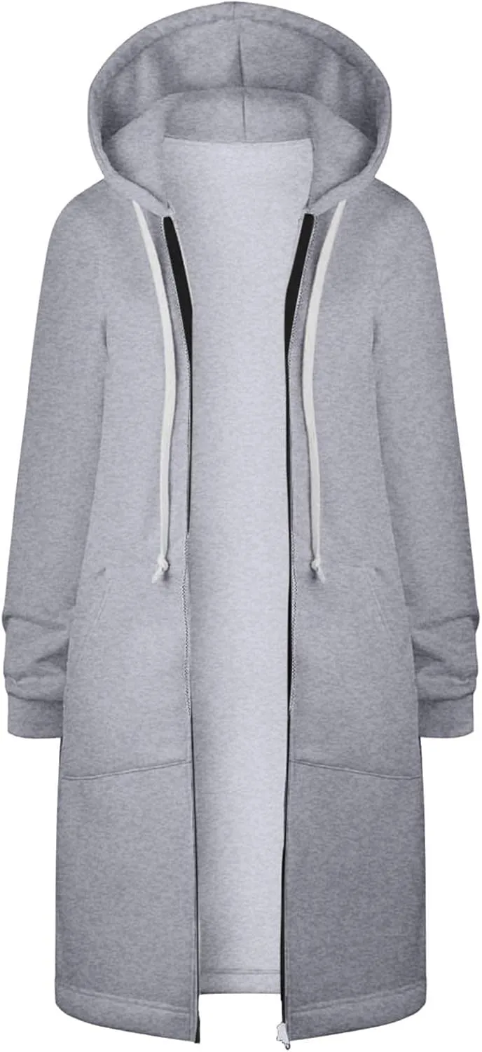 Long Jacket for Women Long Sleeve V Neck Full Zip Up Printed Trench Hooded Coat with Pocket Drawstring Trendy Casual Winter