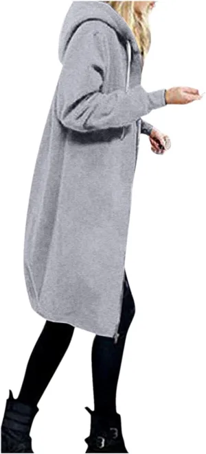 Long Jacket for Women Long Sleeve V Neck Full Zip Up Printed Trench Hooded Coat with Pocket Drawstring Trendy Casual Winter
