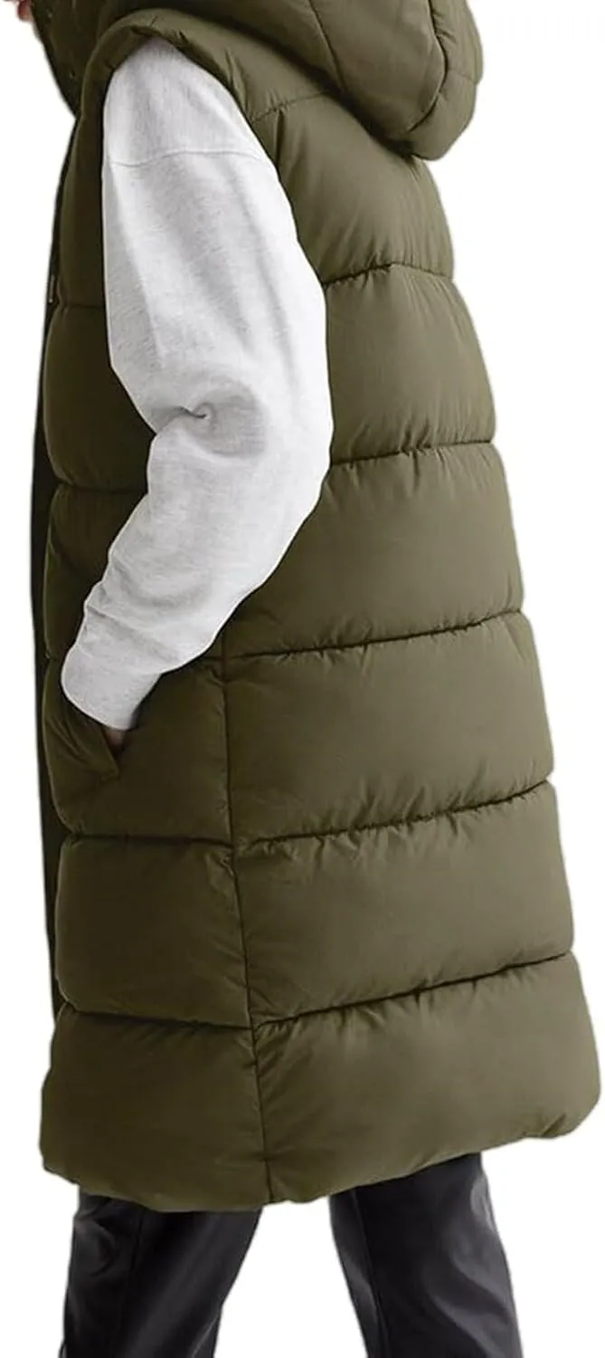 Long Puffer Vest for Women Oversized Zip Up Hooded Jacket Coat Puffer Down Coat Thickened Winter Warm Jacket