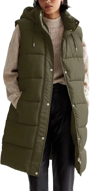 Long Puffer Vest for Women Oversized Zip Up Hooded Jacket Coat Puffer Down Coat Thickened Winter Warm Jacket