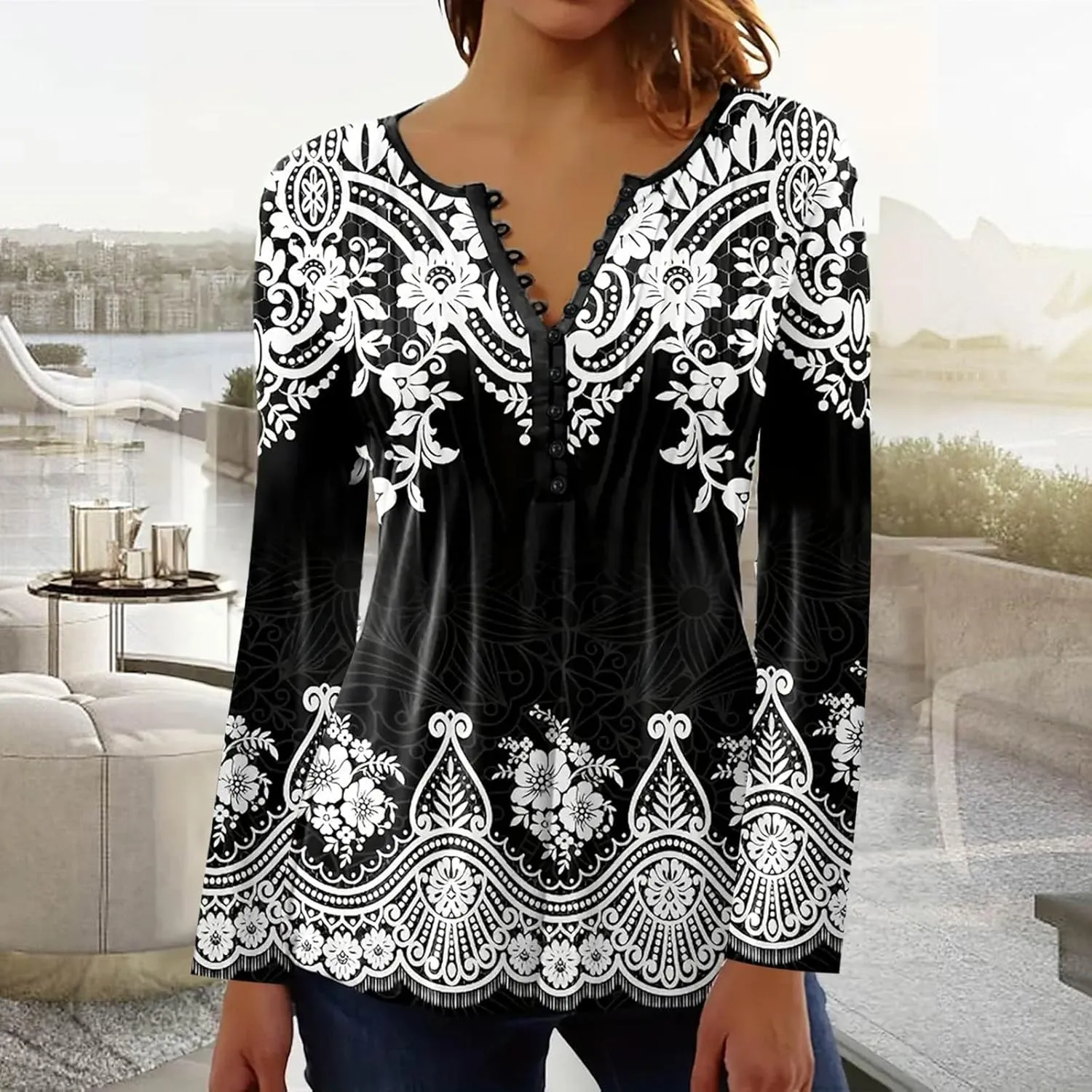 Long Sleeve Shirts for Women Fall Fashion 2024 Boho Floral Print Tunic Tops Button V Neck Tshirt Casual Loose Blouses