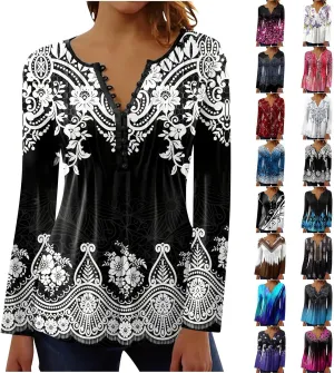 Long Sleeve Shirts for Women Fall Fashion 2024 Boho Floral Print Tunic Tops Button V Neck Tshirt Casual Loose Blouses
