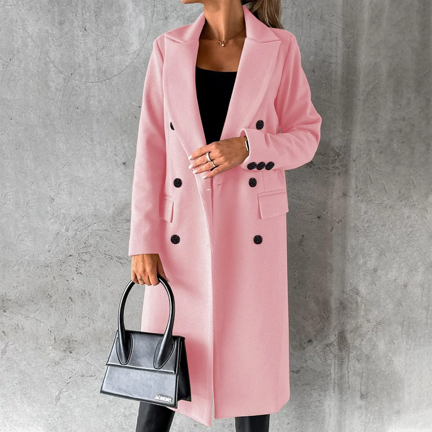 Long Trench Coat for Women Casual Double Breasted Midi Long Wool Pea Coat Notch Lapel Winter Trench Coat