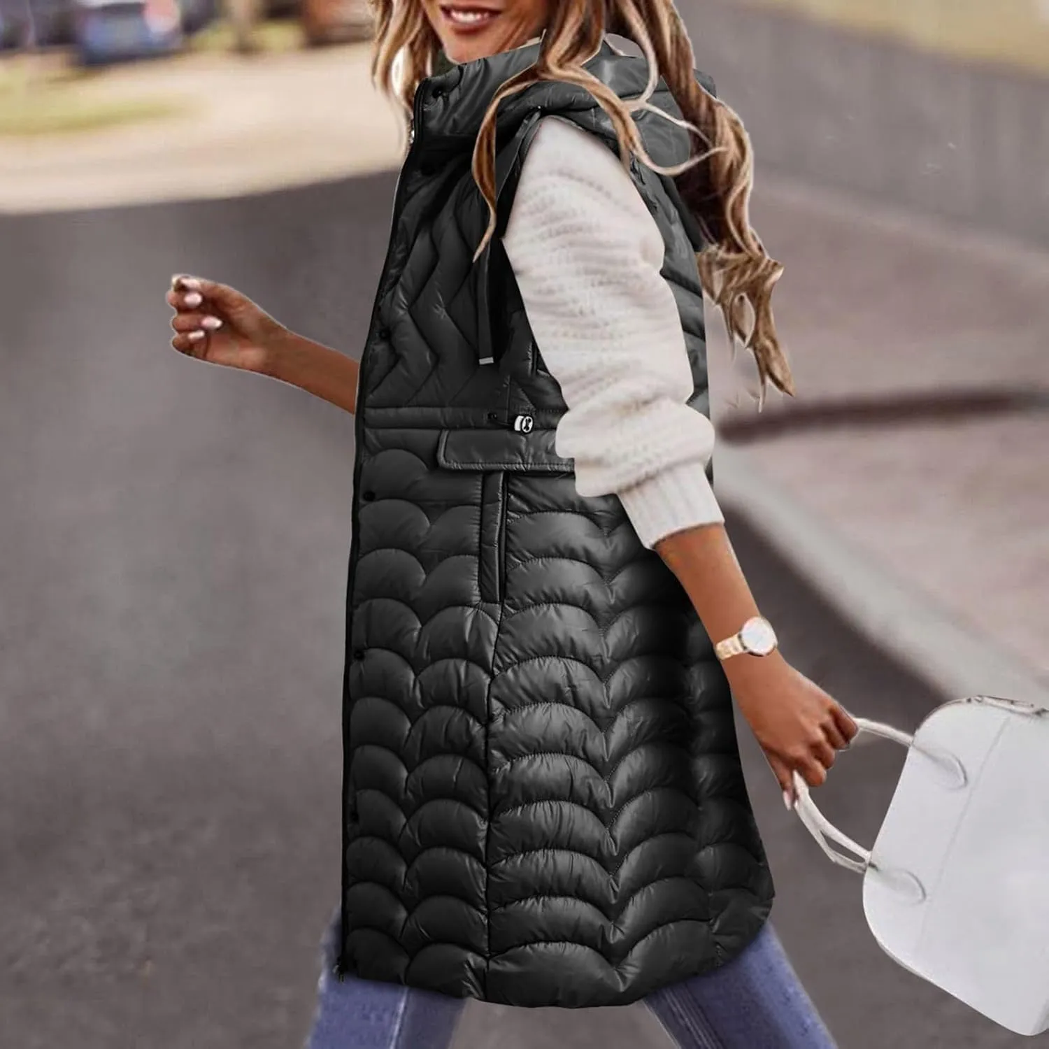 Long Vest for Women with Hooded Padded Oversized Zip Up Quilted Winter Thick Warm Windproof Plus Size Down Jackets